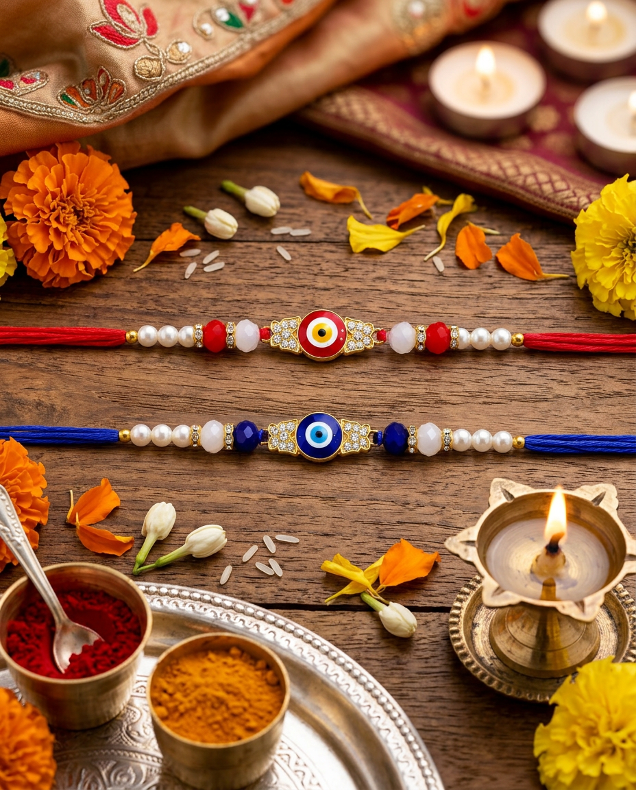 Evil Eye Rakhi Set for Brother | Red & Blue Nazar Rakhi with Pearl Beads | Pack of 2