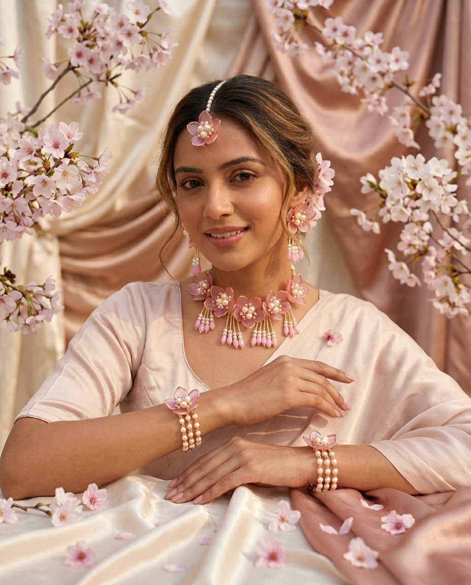 Pink Floral Pearl Jewellery Set for Women | Handmade Necklace, Earrings, Maang Tikka & Hathphool Set | Bridal, Haldi, Mehndi & Wedding Jewellery