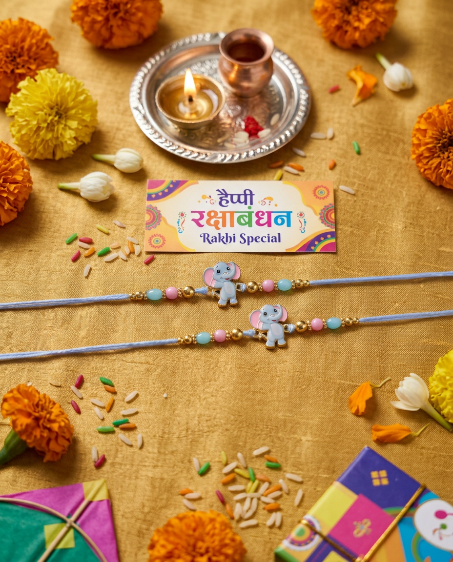 Cute Blue Elephant Kids Rakhi with Pastel Beads | Handmade Cartoon Rakhi for Brother | Pack of 2
