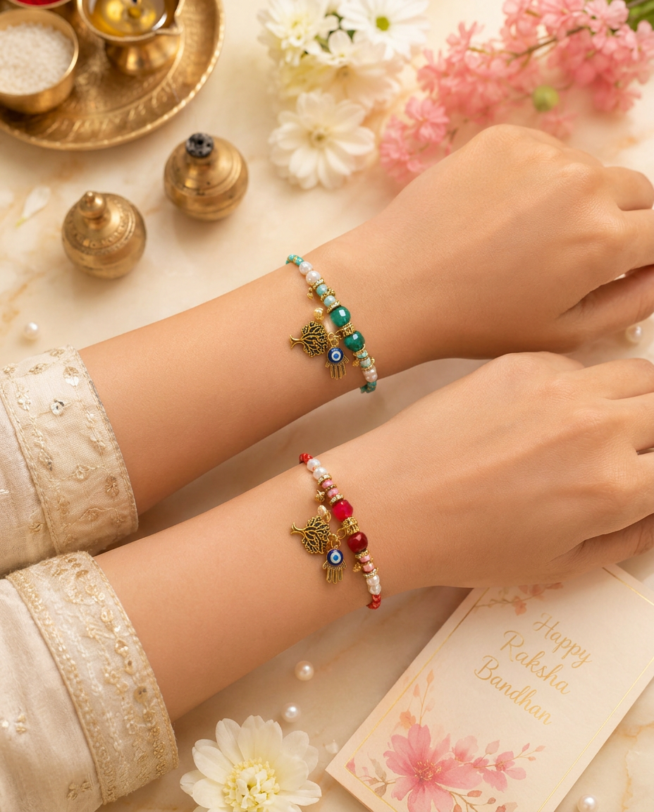 Set of 2 Evil Eye Tree Rakhi for Brother | Handmade Designer Rakhi with Pearl Beads |