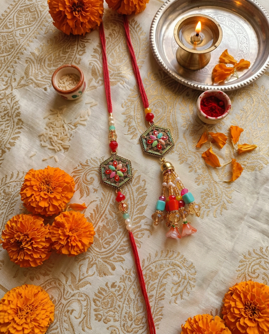 Bhaiya Bhabhi Rakhi | 2 Handcrafted Rakhis with Meenakari Pendant and Beaded Tassels, Gift Box Included