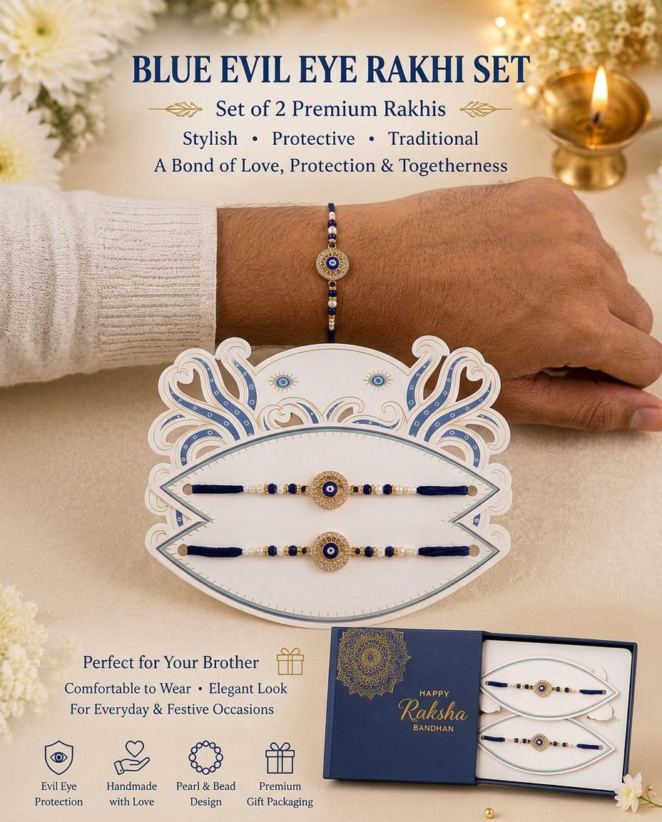 Blue Evil Eye Rakhi for Brother with Premium Designer Rakhi Card | Nazar Protection Rakhi | Traditional Raksha Bandhan Gift