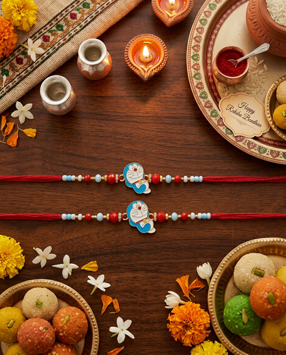 Doraemon Kids Rakhi Set of 2 with Red Beads – Cute Cartoon Rakhi for Brothers | Handmade Designer Raksha Bandhan Rakhi