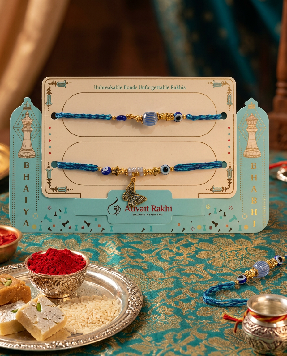 Bhaiya Bhabhi Evil Eye Rakhi Set with Butterfly Charm | Handmade Designer Rakhi for Brother & Sister-in-Law | Premium Rakshabandhan Gift