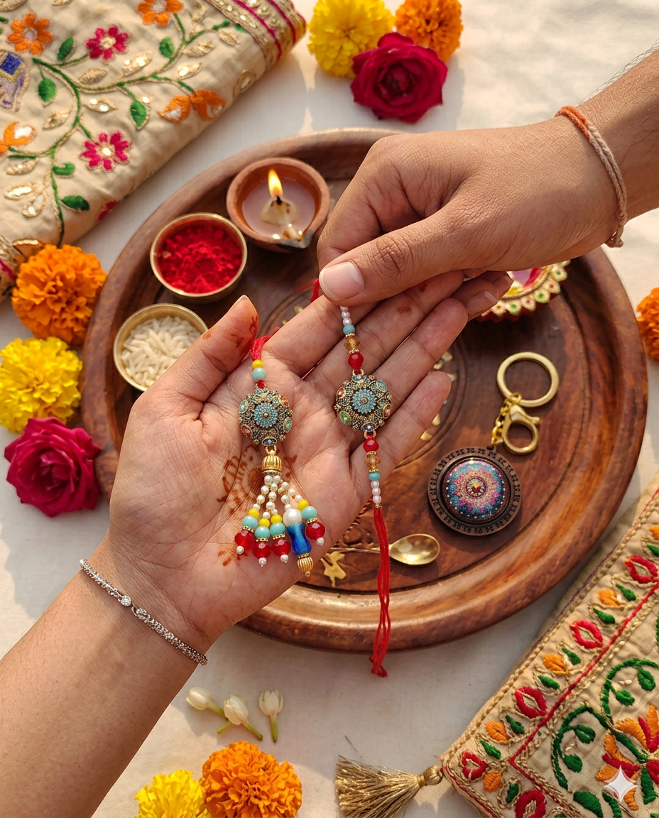 Premium Rakhi Gift Set with Designer Rakhi, Lumba Rakhi & Mandala Keychain | Festive Raksha Bandhan Gift Box