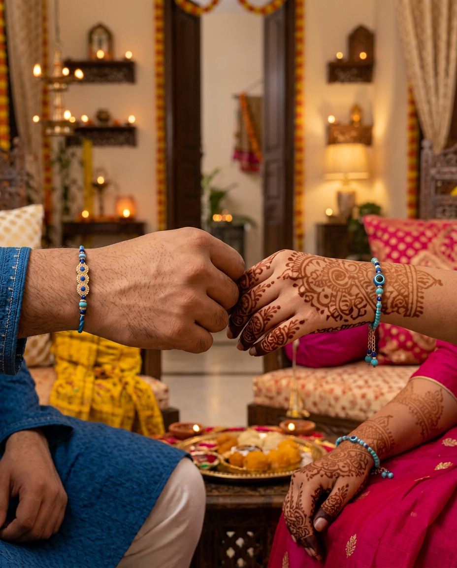 Bhaiya Bhabhi Rakhi | Evil Eye Rakhi and Beaded Bracelet Combo with Turquoise and Lapis Beads, Gift Card Stand Included