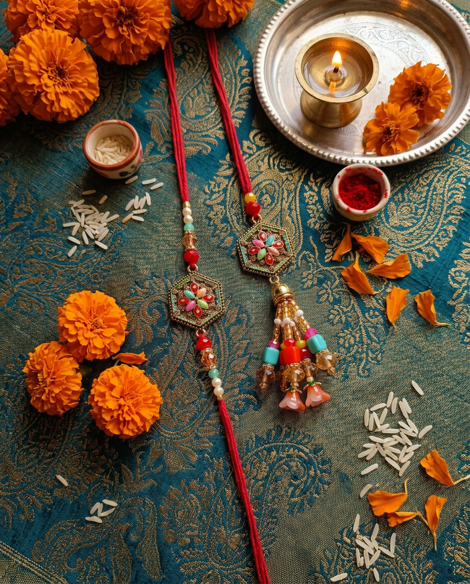 Bhaiya Bhabhi Rakhi | 2 Handcrafted Rakhis with Meenakari Pendant and Beaded Tassels, Gift Box Included