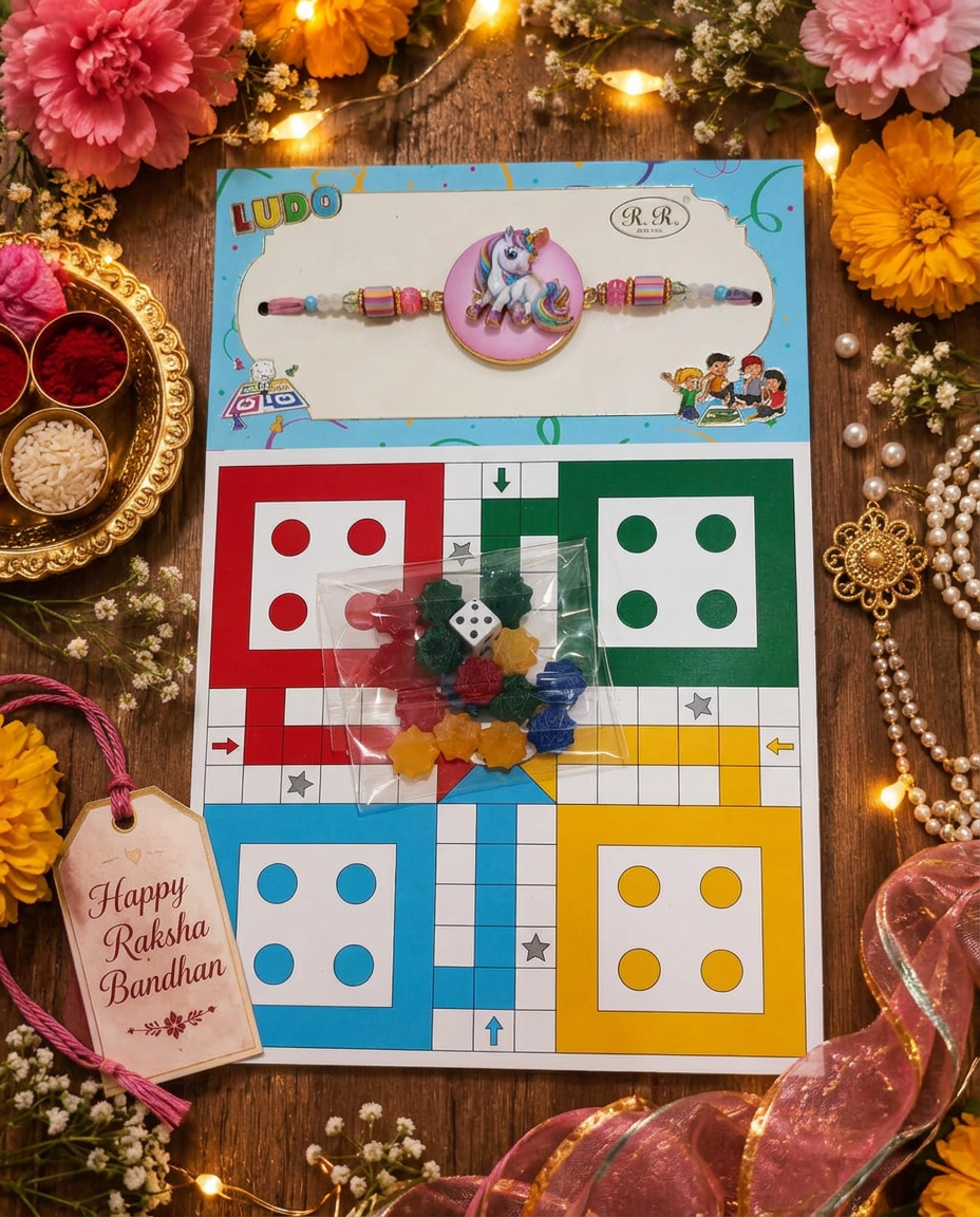 Unicorn Kids Rakhi with Ludo Board Game | Raksha Bandhan Gift for Brother & Sister | Cartoon Rakhi Gift Set