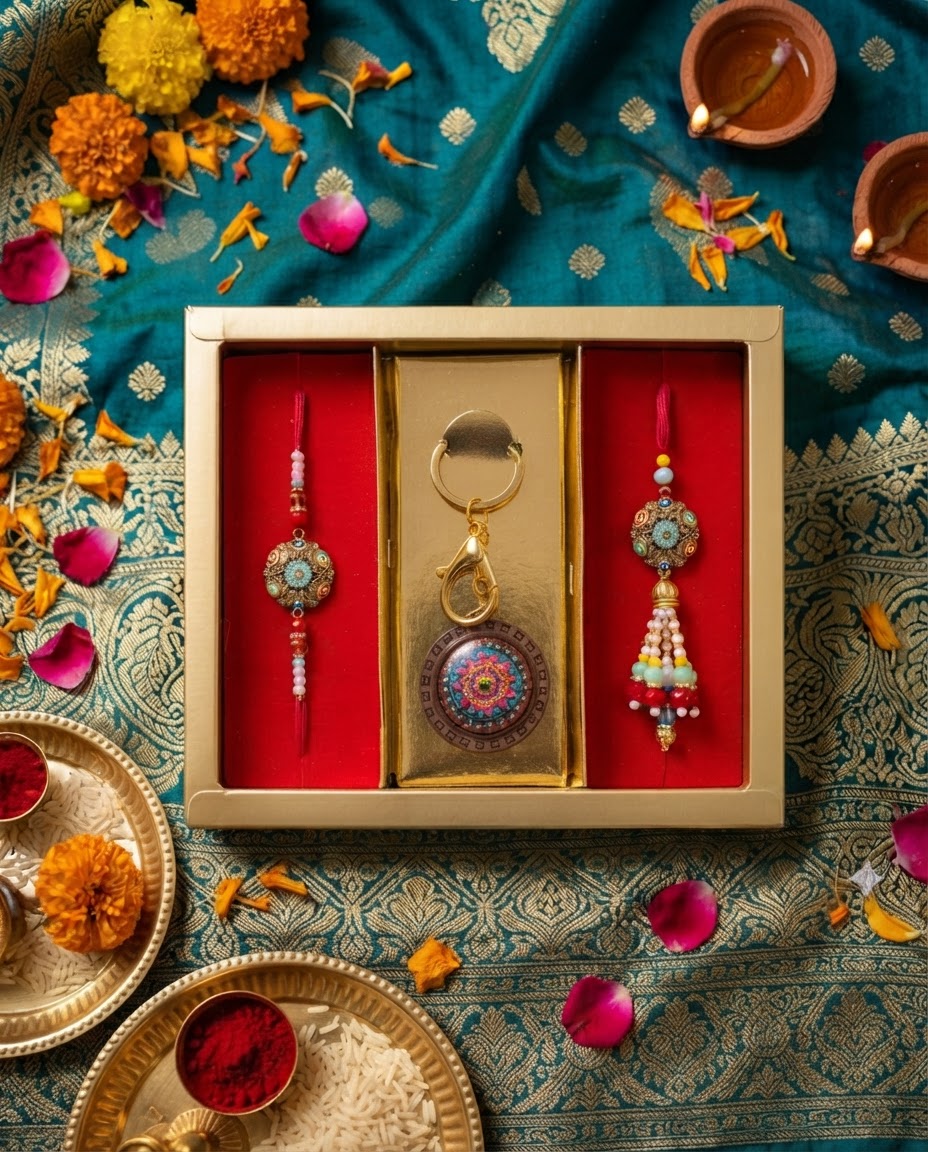 Designer Rakhi, Lumba Rakhi & Mandala Keychain | Bhai Bhabhi Raksha Bandhan Rakhi Set