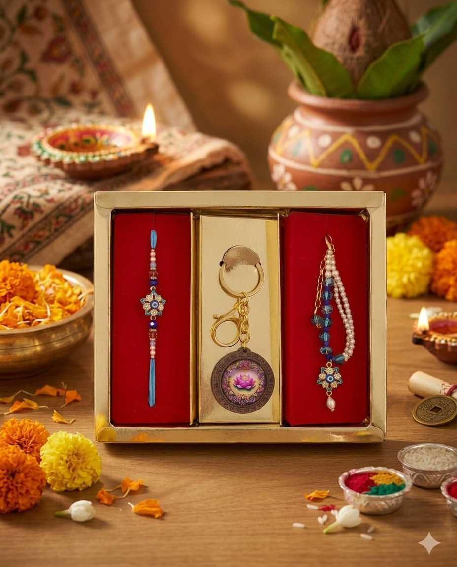 Premium Evil Eye Bhai Bhabhi Rakhi Gift Set featuring a blue designer rakhi, matching lumba rakhi, and lotus keychain in festive gift box for Raksha Bandhan.