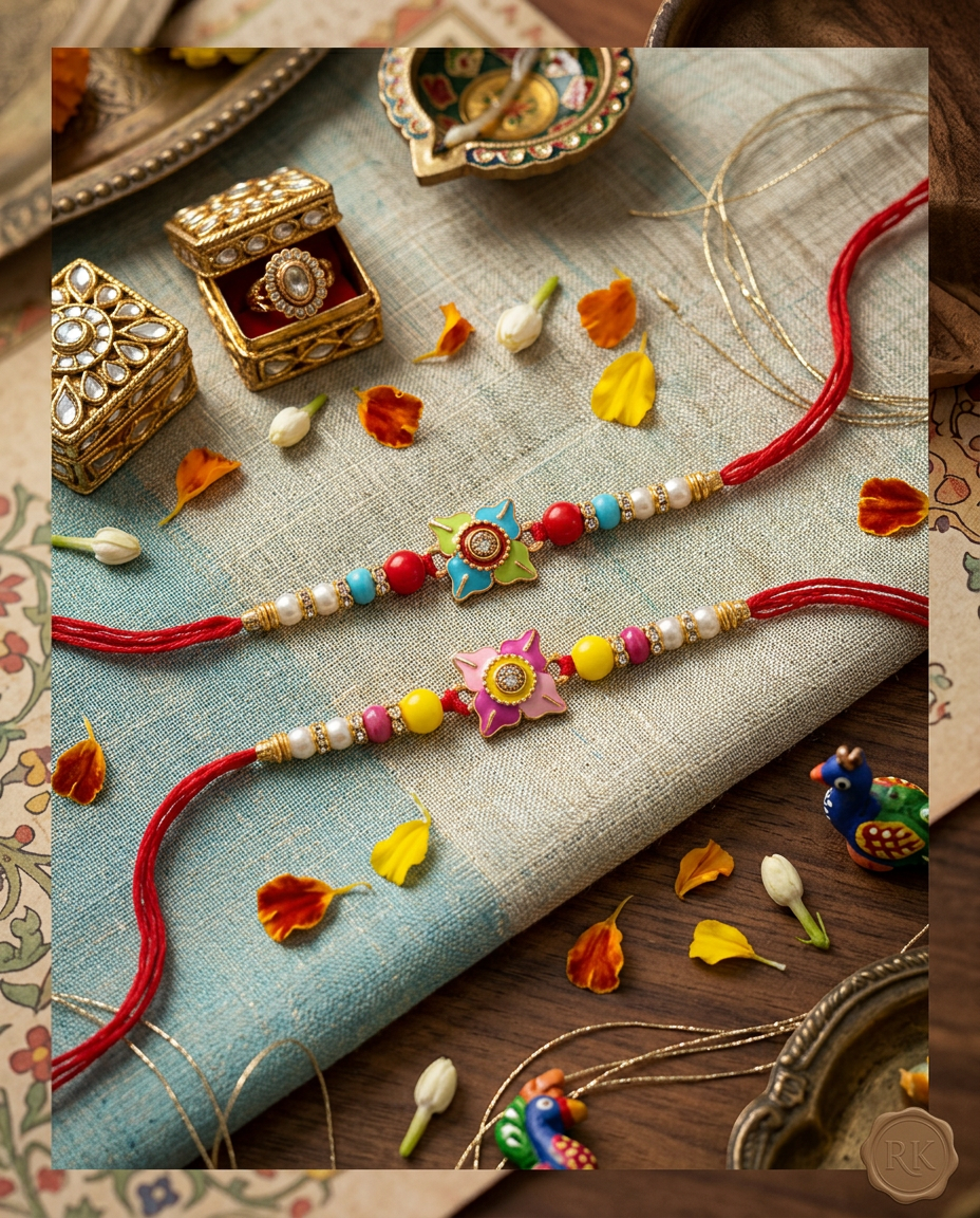 Floral Rakhi Set of 2 for Brother | Designer Beaded Raksha Bandhan Rakhi with Red Thread
