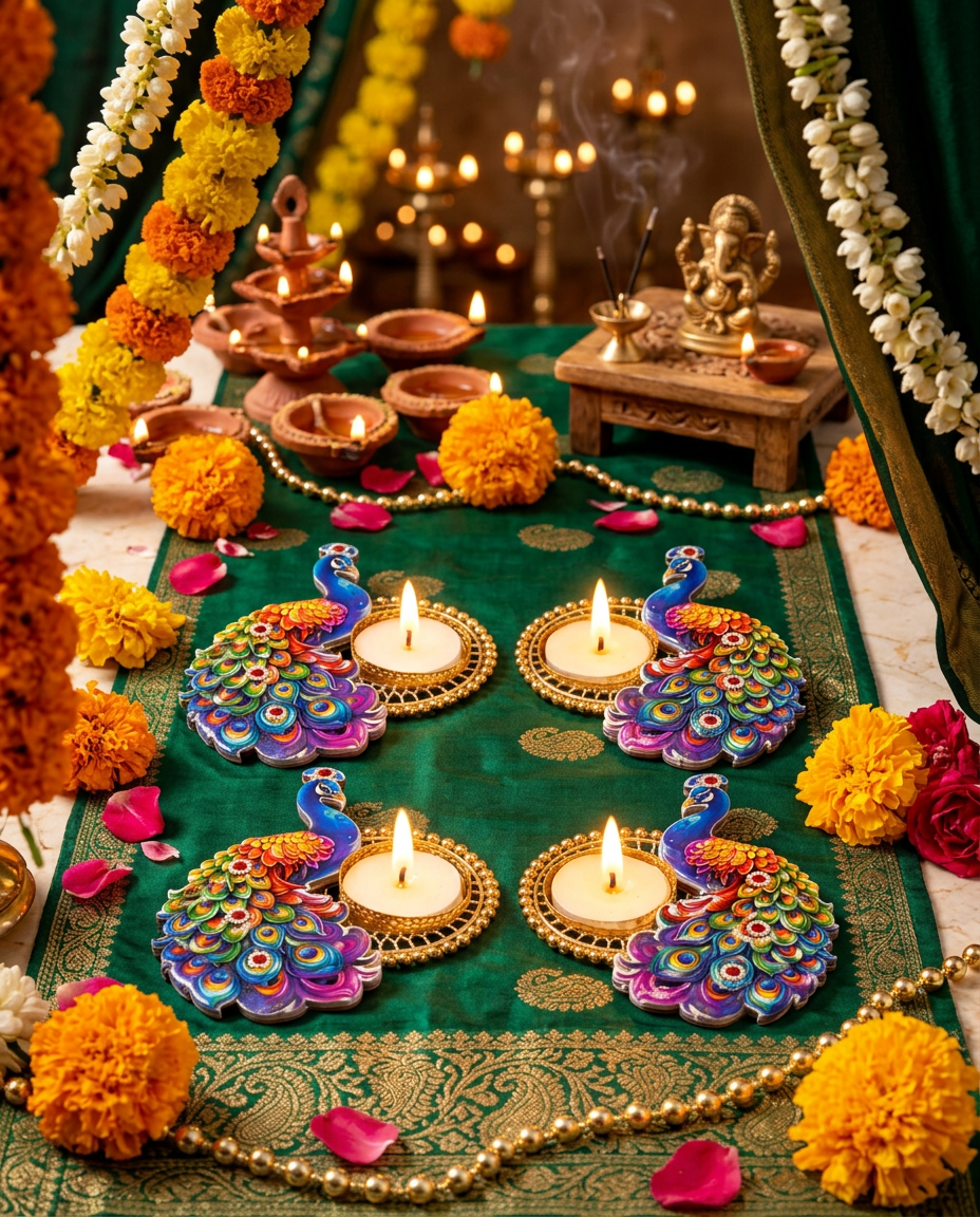 Peacock Tealight Candle Holder Set for Diwali Decoration | Handmade Peacock Diya Stand for Home Décor & Festive Gifting| Pack Of 4