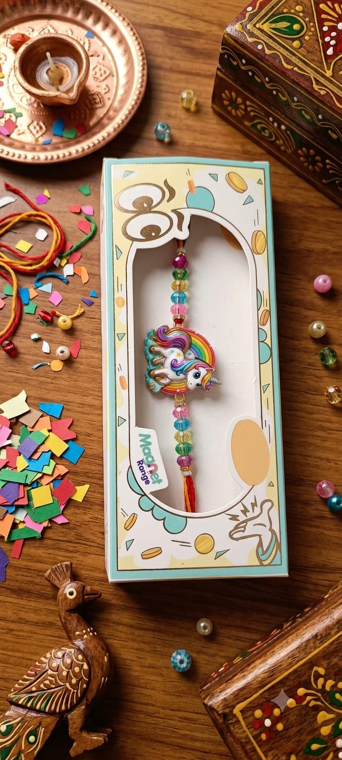 Cute Magnet Unicorn Kids Rakhi Set with Rainbow Charm Pack of 2