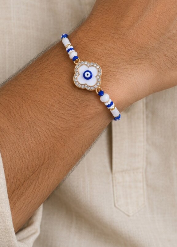 Koogly Designer Blue Evil Eye Rakhi Set of 2 with Pearl & Bead Design For Brothers