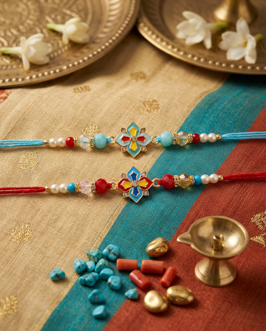 Designer Bhai Rakhi Set with Floral Kundan Charm | Premium Handmade Raksha Bandhan Rakhi for Brother| Pack of 2