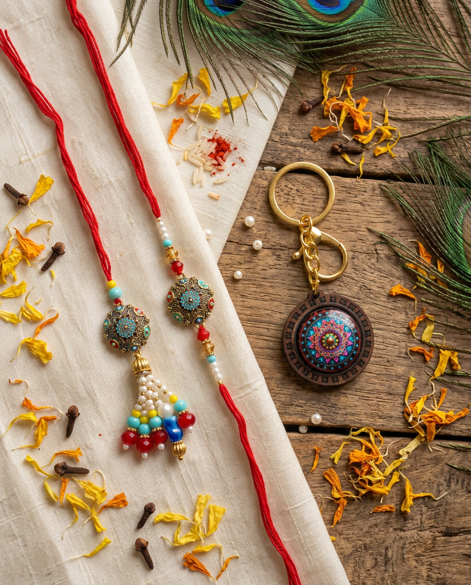 Premium Rakhi Gift Set with Designer Rakhi, Lumba Rakhi & Mandala Keychain | Festive Raksha Bandhan Gift Box
