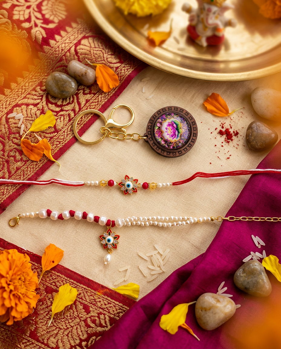 Evil Eye Bhai Bhabhi Rakhi Set with Lotus Keychain | Premium Raksha Bandhan Gift Combo