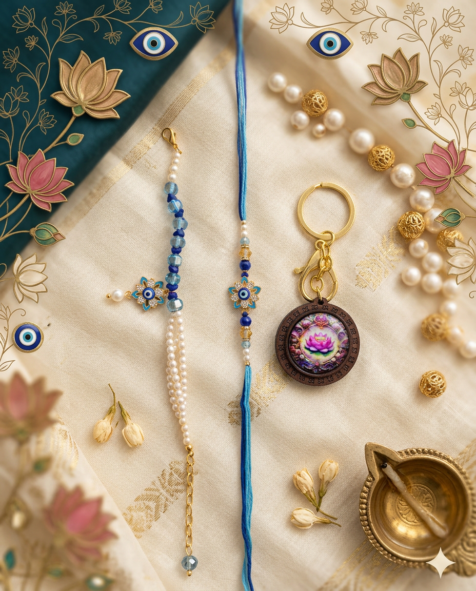 Premium Evil Eye Bhai Bhabhi Rakhi Gift Set featuring a blue designer rakhi, matching lumba rakhi, and lotus keychain in festive gift box for Raksha Bandhan.