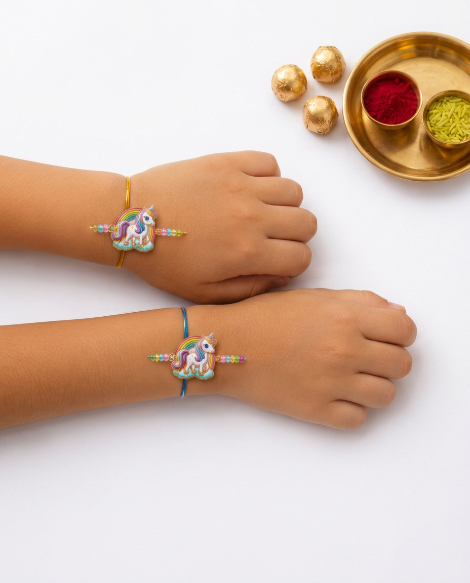 Cute Magnet Unicorn Kids Rakhi Set with Rainbow Charm Pack of 2