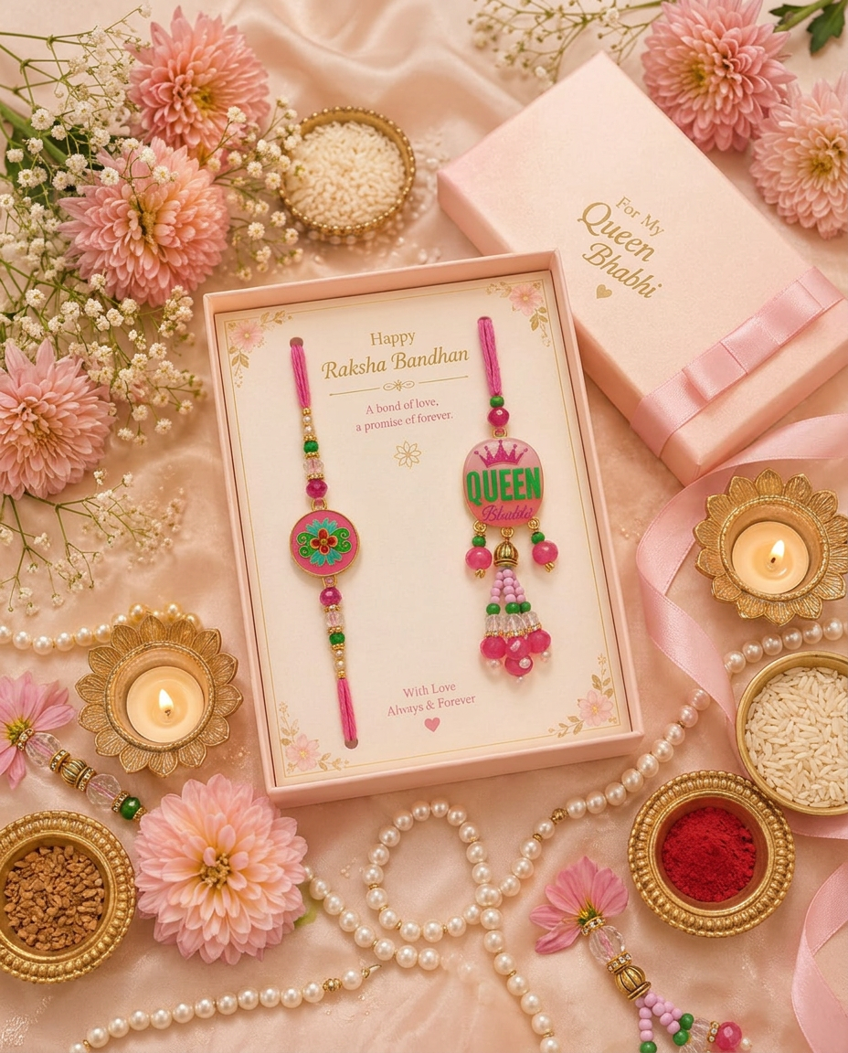 Premium Bhiaya Bhabhi Rakhi Set with Floral Designer Rakhi | Handmade Raksha Bandhan Rakhi for Brother & Sister-in-Law