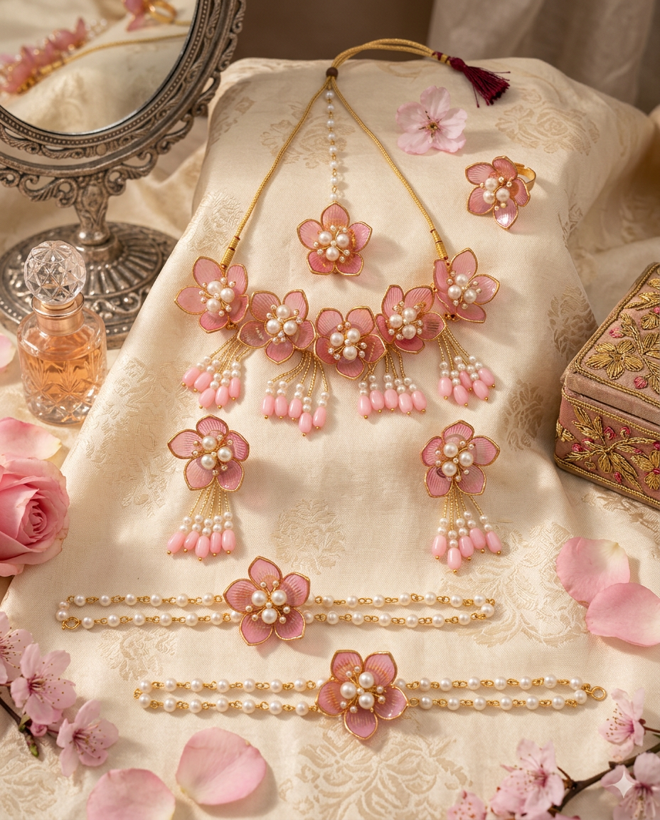 Pink Floral Pearl Jewellery Set for Women | Handmade Necklace, Earrings, Maang Tikka & Hathphool Set | Bridal, Haldi, Mehndi & Wedding Jewellery
