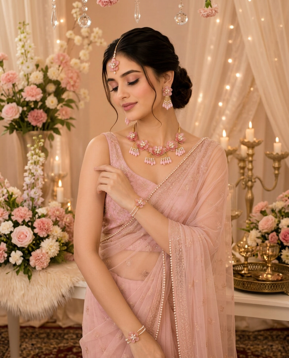 Pink Floral Pearl Jewellery Set for Women | Handmade Necklace, Earrings, Maang Tikka & Hathphool Set | Bridal, Haldi, Mehndi & Wedding Jewellery