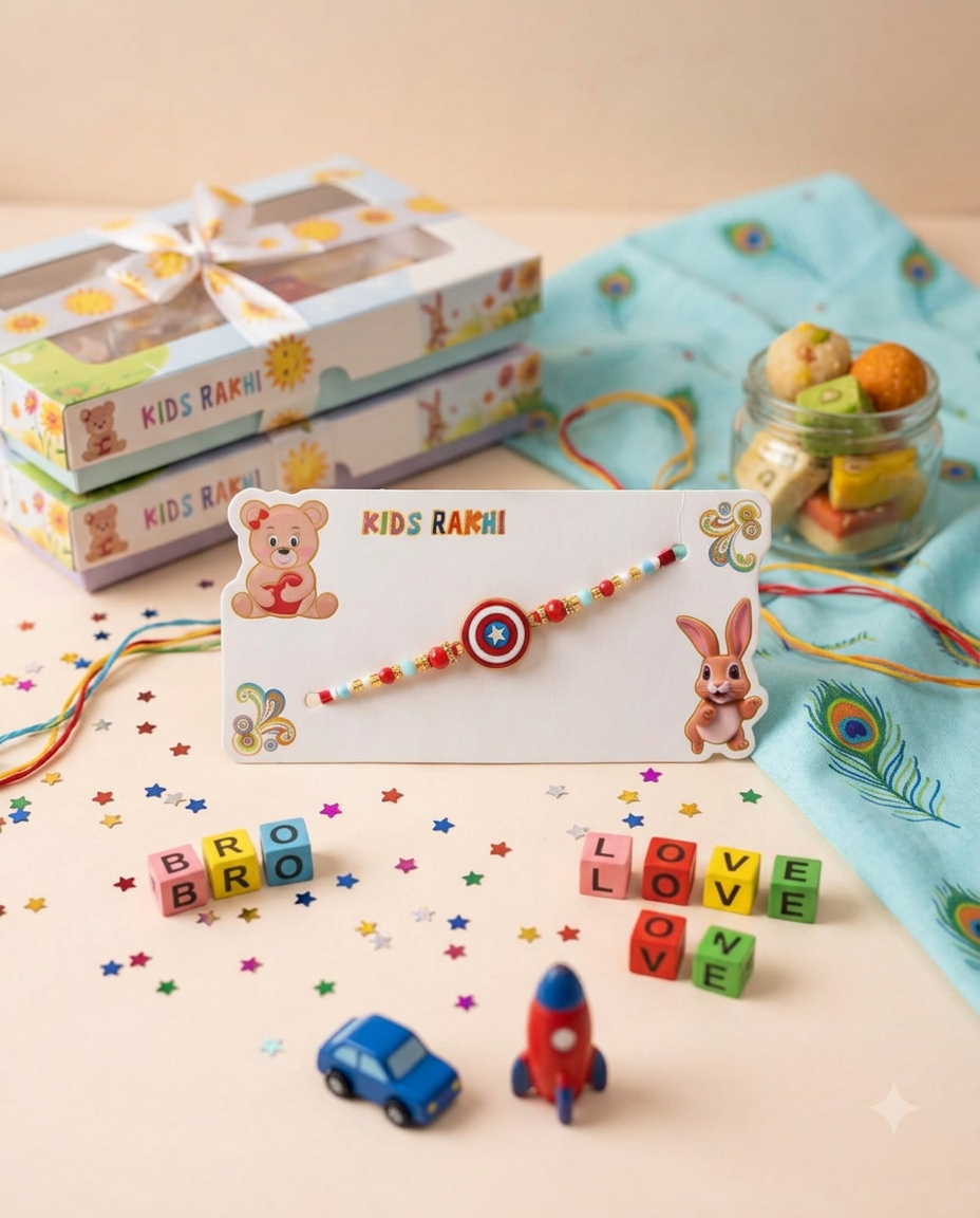 Captain America Kids Rakhi for Boys | Superhero Shield Designer Rakhi | Cute Beaded Raksha Bandhan Rakhi for Kids