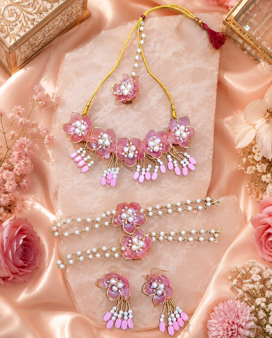 Pink Floral Pearl Jewellery Set for Women | Handmade Necklace, Earrings, Maang Tikka & Hathphool Set | Bridal, Haldi, Mehndi & Wedding Jewellery