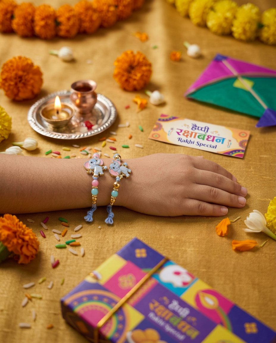 Cute Blue Elephant Kids Rakhi with Pastel Beads | Handmade Cartoon Rakhi for Brother | Pack of 2