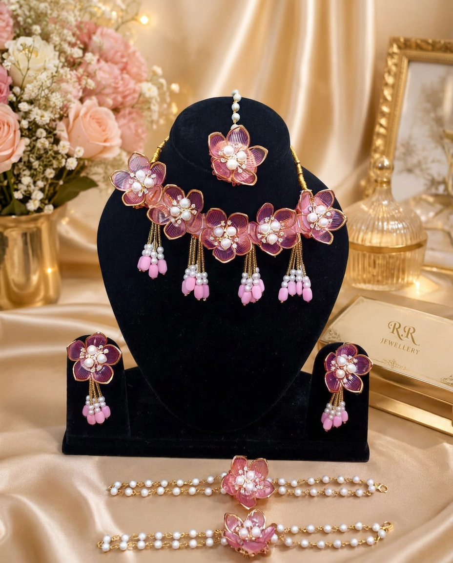Pink Floral Pearl Jewellery Set for Women | Handmade Necklace, Earrings, Maang Tikka & Hathphool Set | Bridal, Haldi, Mehndi & Wedding Jewellery