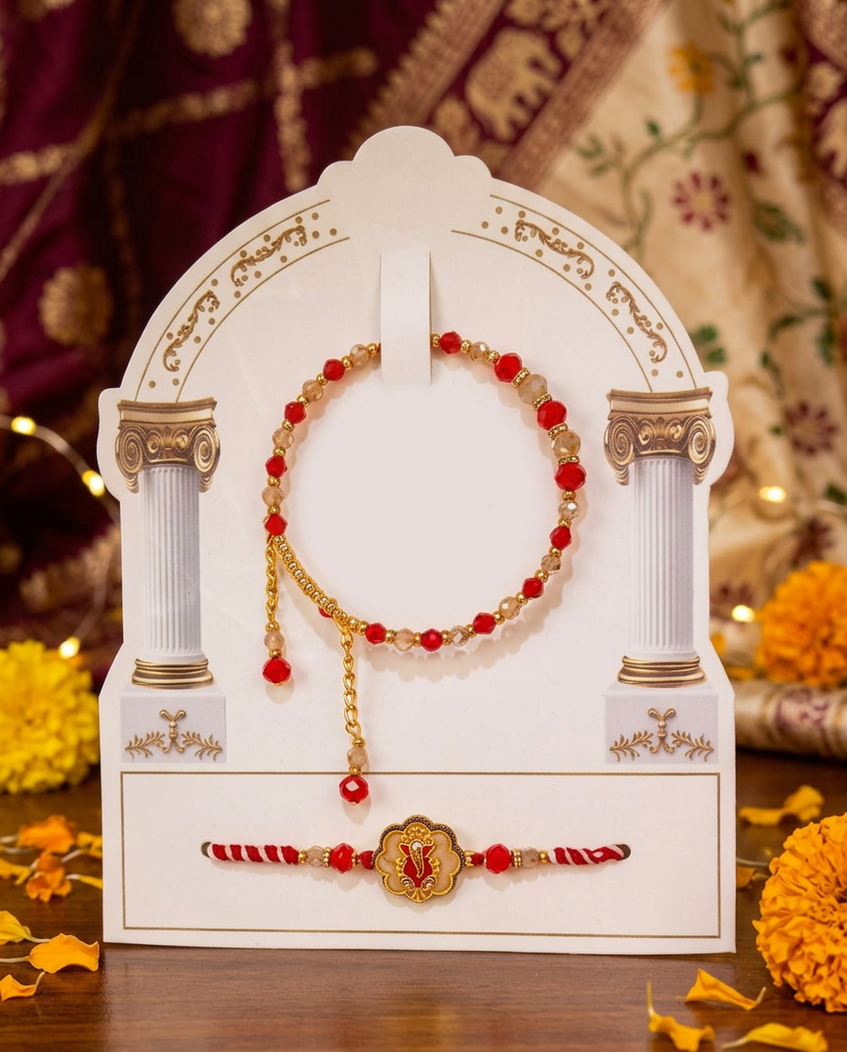 Premium Ganesh Rakhi Set with Lumba | Designer Bhai Bhabhi Rakhi | Handmade Beaded Rakhi for Raksha Bandhan