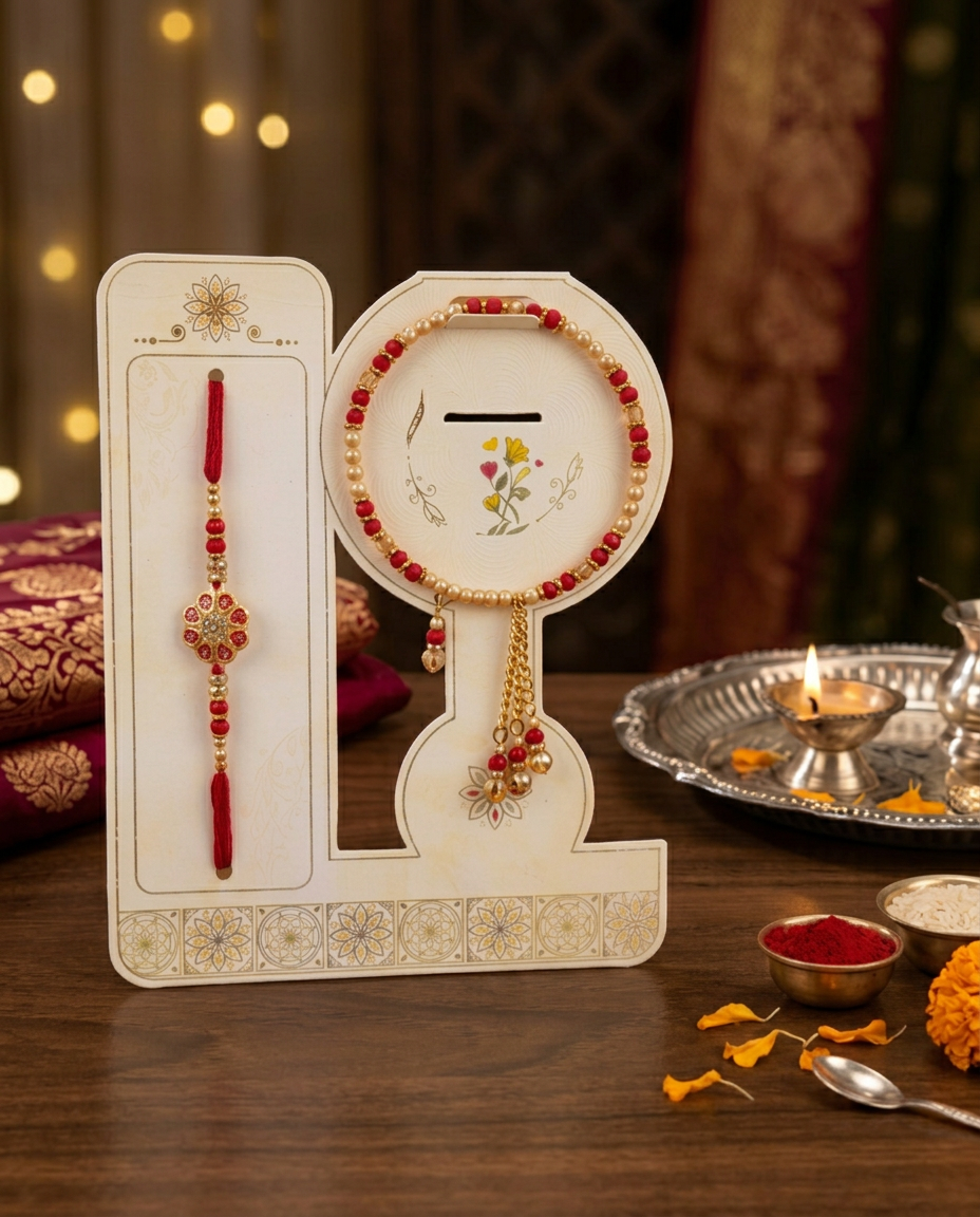 Premium Red & Gold Beaded Rakhi for Bhai and Bhabhi
