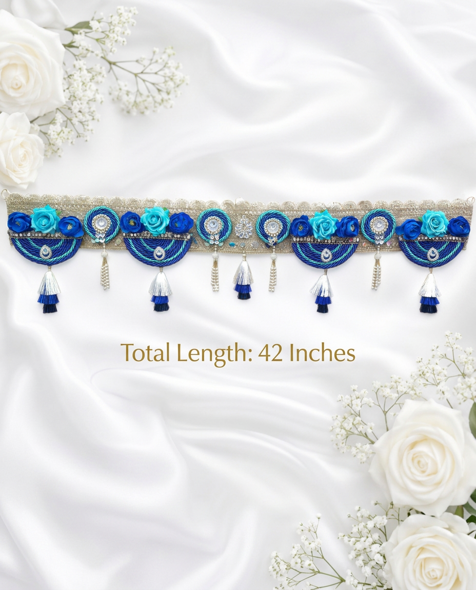 Blue Flower Bandanwar for Main Door Entrance | Handmade Decorative Toran with Tassels for Home, Diwali & Housewarming Decor