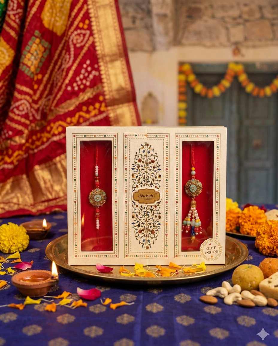 Premium Rakhi Gift Set with Designer Rakhi, Lumba Rakhi & Mandala Keychain | Festive Raksha Bandhan Gift Box