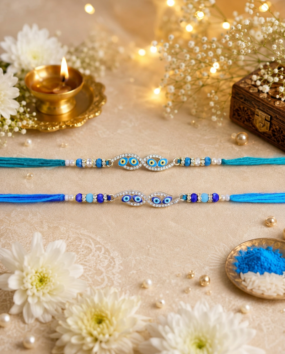 Premium Evil Eye Rakhi Set of 2 for Brother | Handmade Blue Nazar Rakhi with Beads | Raksha Bandhan Gift