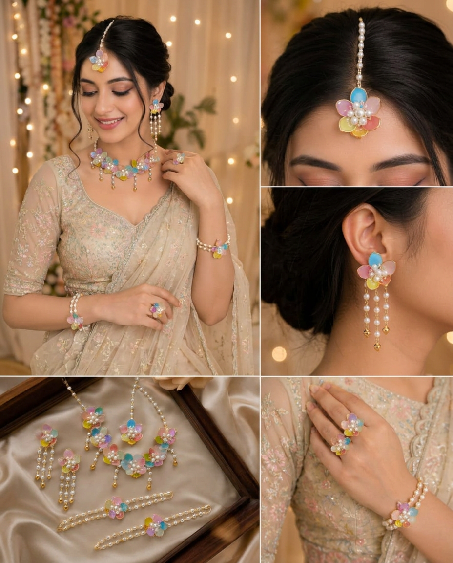 Multicolor Floral Pearl Jewellery Set for Women | Handmade Necklace, Earrings, Maang Tikka & Hathphool Set | Bridal, Haldi, Mehndi & Wedding Floral Jewellery