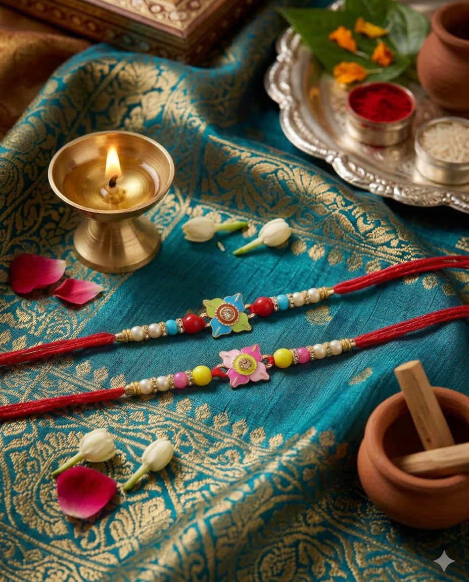 Floral Rakhi Set of 2 for Brother | Designer Beaded Raksha Bandhan Rakhi with Red Thread