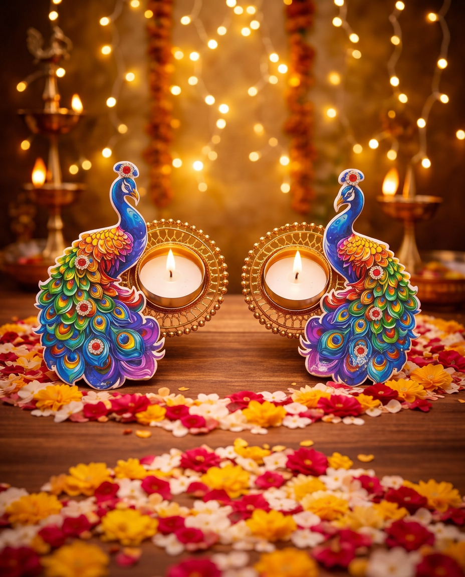 Peacock Tealight Candle Holder Set for Diwali Decoration | Handmade Peacock Diya Stand for Home Décor & Festive Gifting| Pack Of 4
