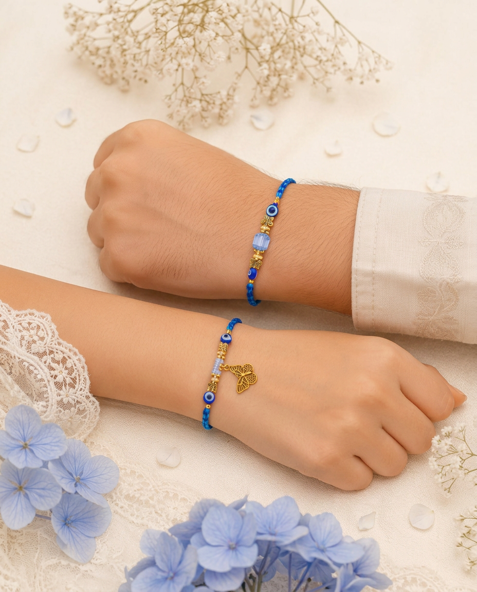 Bhaiya Bhabhi Evil Eye Rakhi Set with Butterfly Charm | Handmade Designer Rakhi for Brother & Sister-in-Law | Premium Rakshabandhan Gift