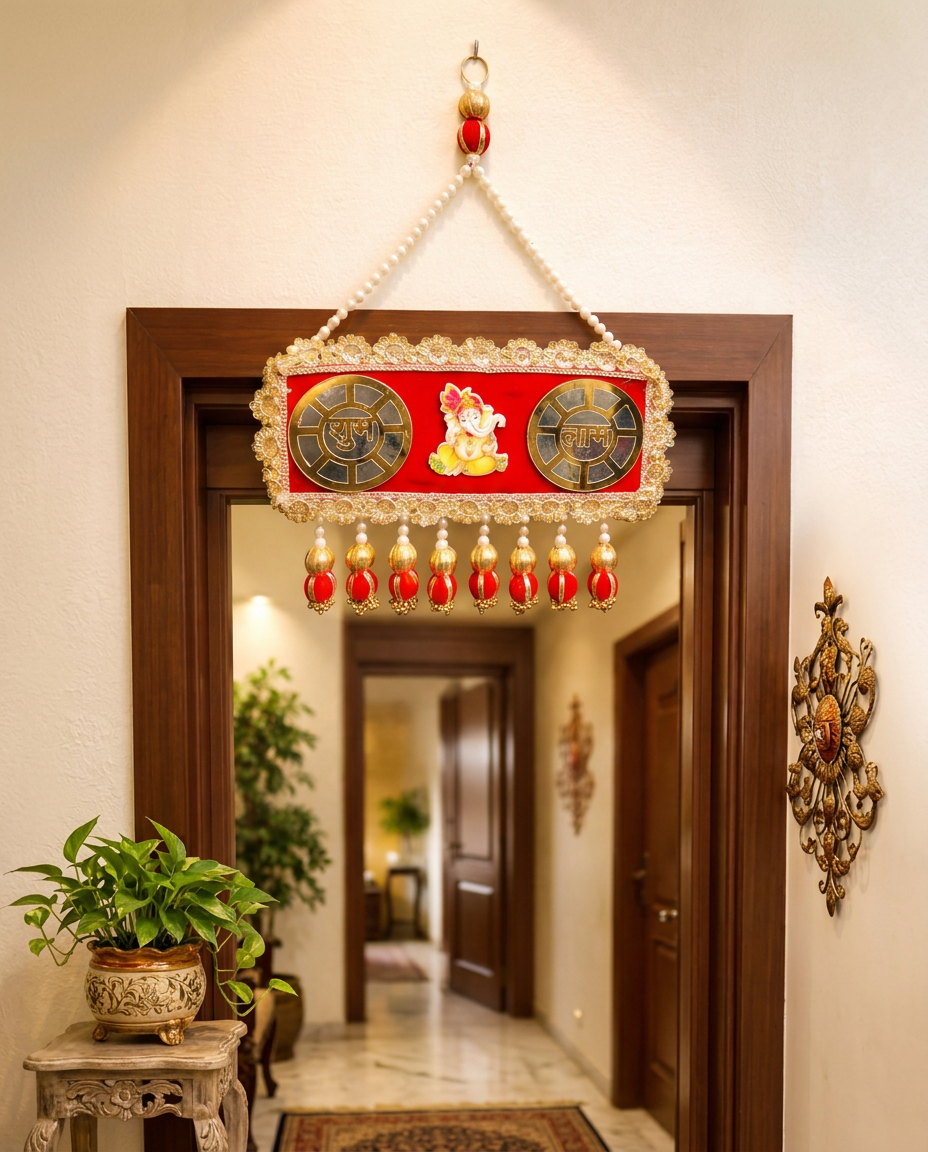 Shubh Labh Ganesh Door Hanging Wall Decor | Handmade Pearl Toran for Home Entrance | Vastu & Diwali Decoration