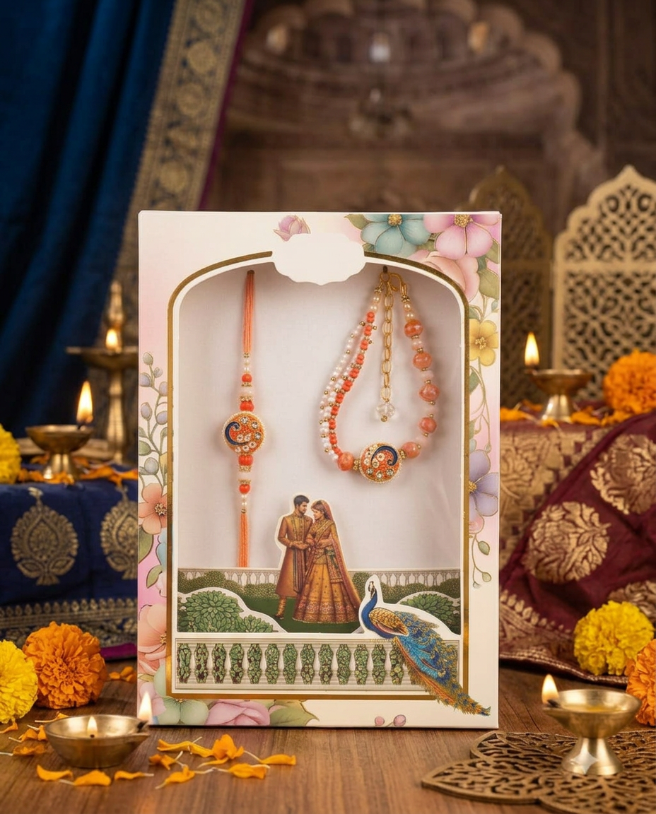 Designer Bhai Bhabhi Rakhi Set with Lumba Rakhi | Premium Handmade Raksha Bandhan Rakhi Set