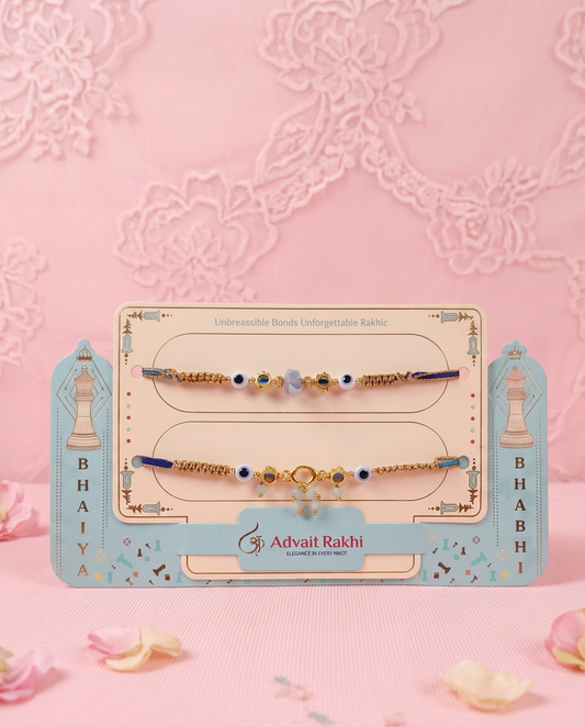 Bhaiya Bhabhi Evil Eye Rakhi Set with Blue Beads & Gold Finish | Designer Rakhi for Raksha Bandhan