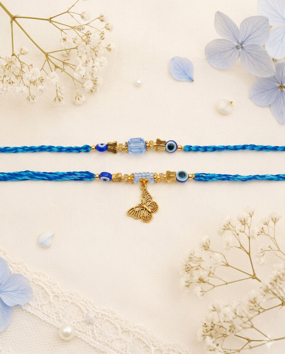 Bhaiya Bhabhi Evil Eye Rakhi Set with Butterfly Charm | Handmade Designer Rakhi for Brother & Sister-in-Law | Premium Rakshabandhan Gift