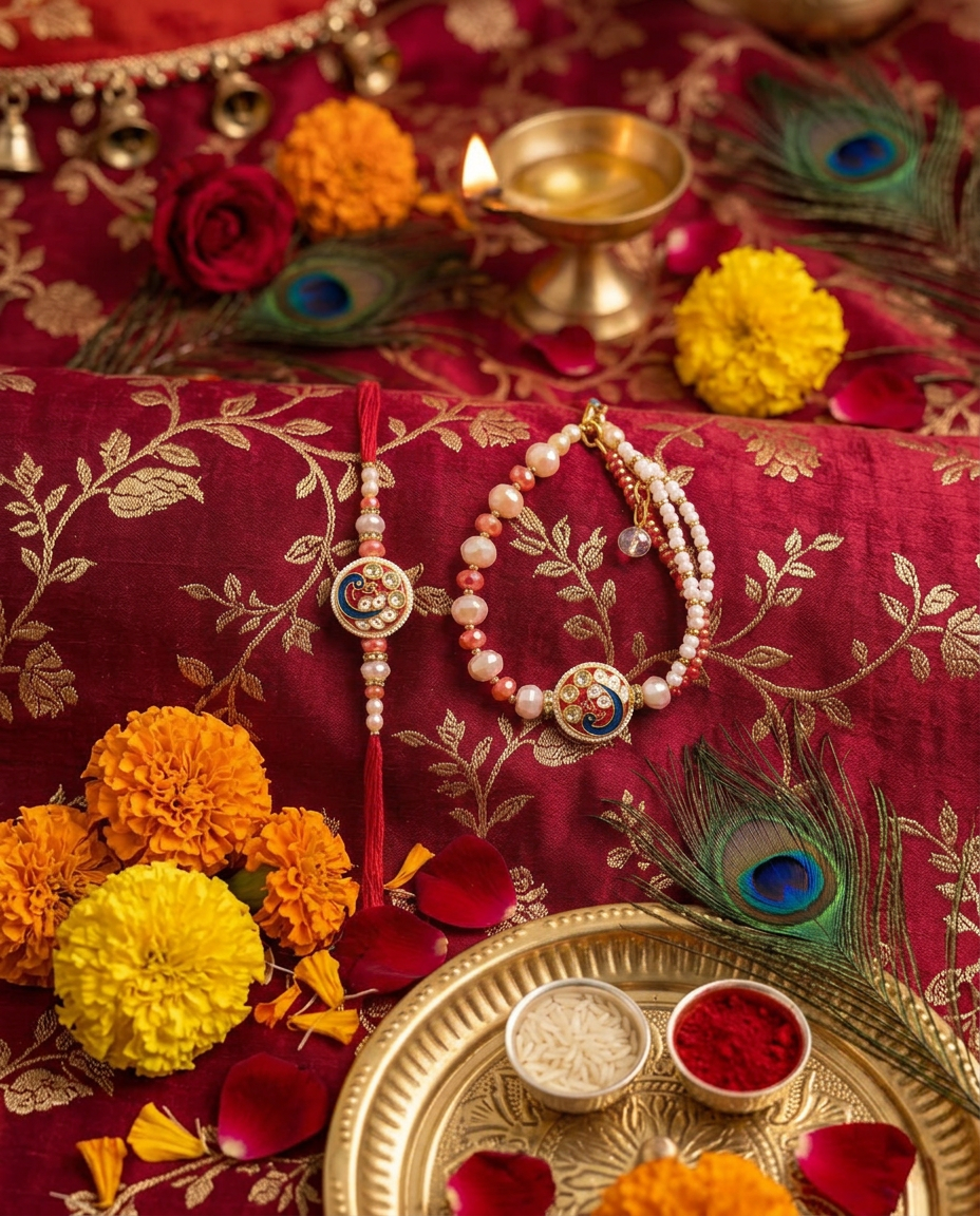 Designer Bhai Bhabhi Rakhi Set with Lumba Rakhi | Premium Handmade Raksha Bandhan Rakhi Set