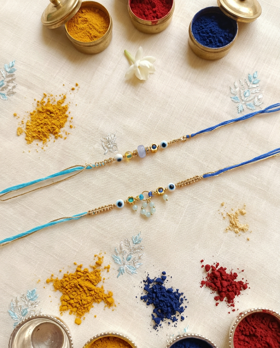 Bhaiya Bhabhi Evil Eye Rakhi Set with Blue Beads & Gold Finish | Designer Rakhi for Raksha Bandhan