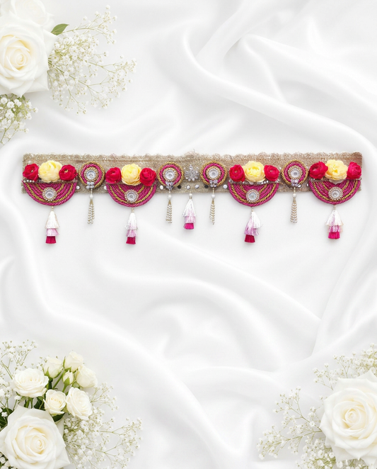 Pink Flower Bandanwar for Main Door Entrance | Handmade Decorative Toran with Floral Tassels for Diwali, Wedding & Home Decor