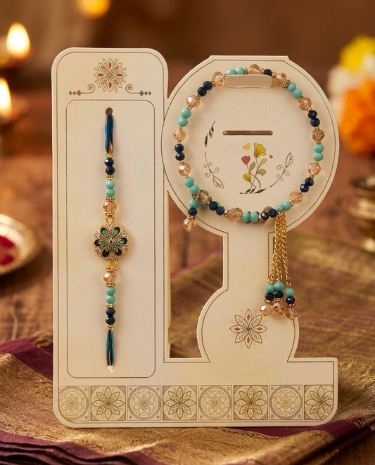 Designer Blue Floral Rakhi with Beaded Bracelet for Brother | Premium Handmade Raksha Bandhan Rakhi Gift