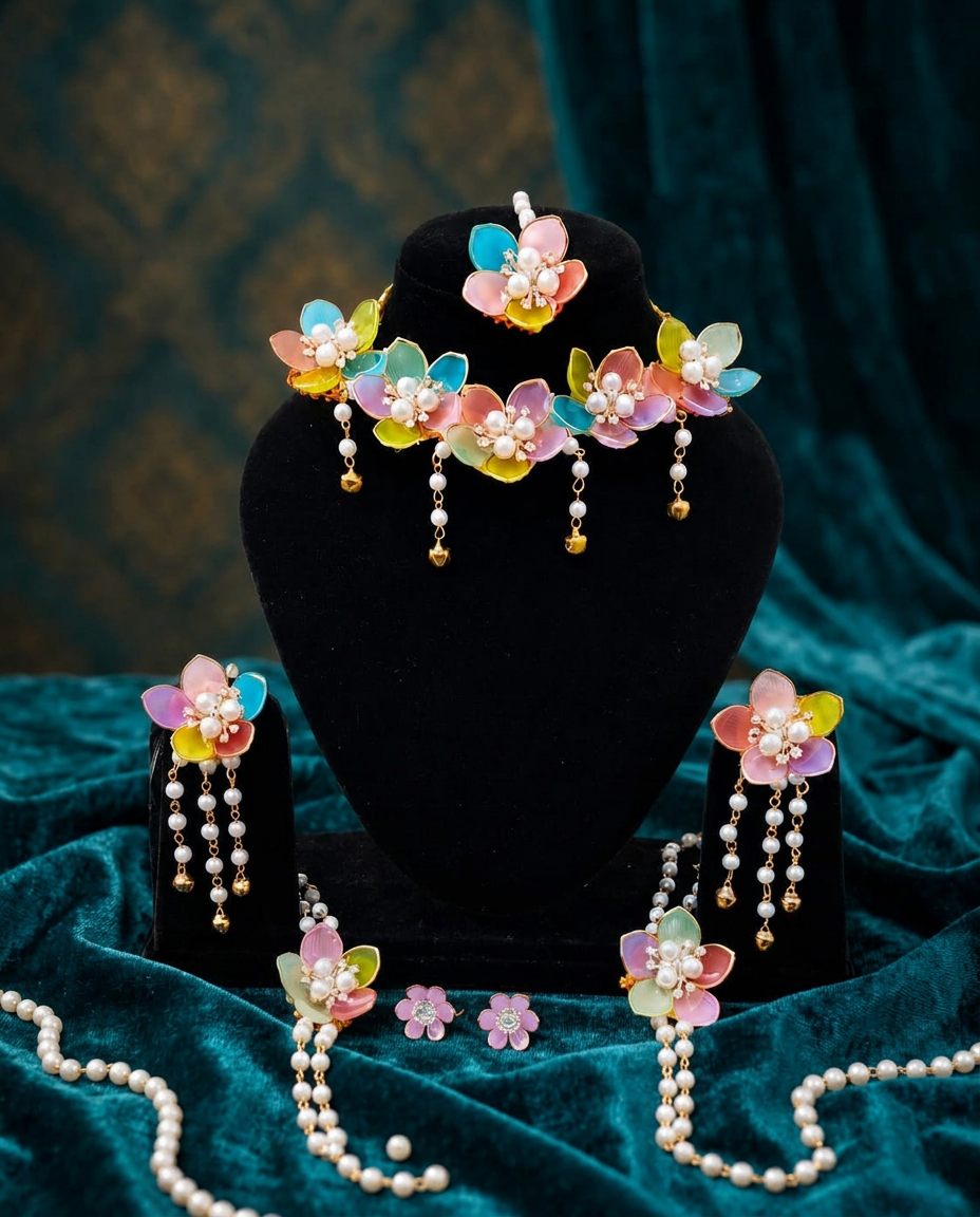 Multicolor Floral Pearl Jewellery Set for Women | Handmade Necklace, Earrings, Maang Tikka & Hathphool Set | Bridal, Haldi, Mehndi & Wedding Floral Jewellery