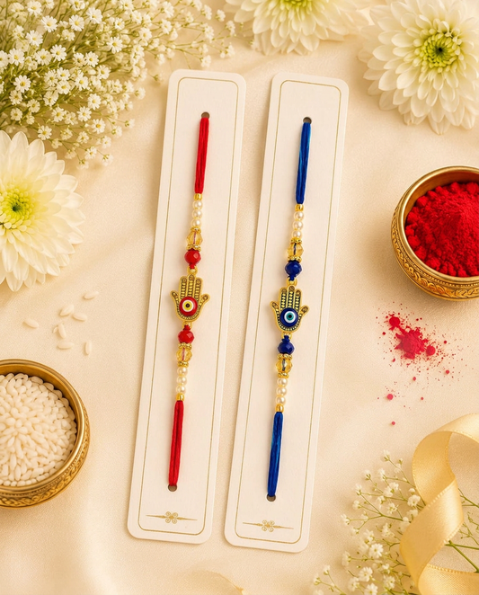Set of 2 Evil Eye Hamsa Hand Rakhi for Brother | Handmade Pearl Beaded Rakhi Combo | Premium Designer Raksha Bandhan Rakhi