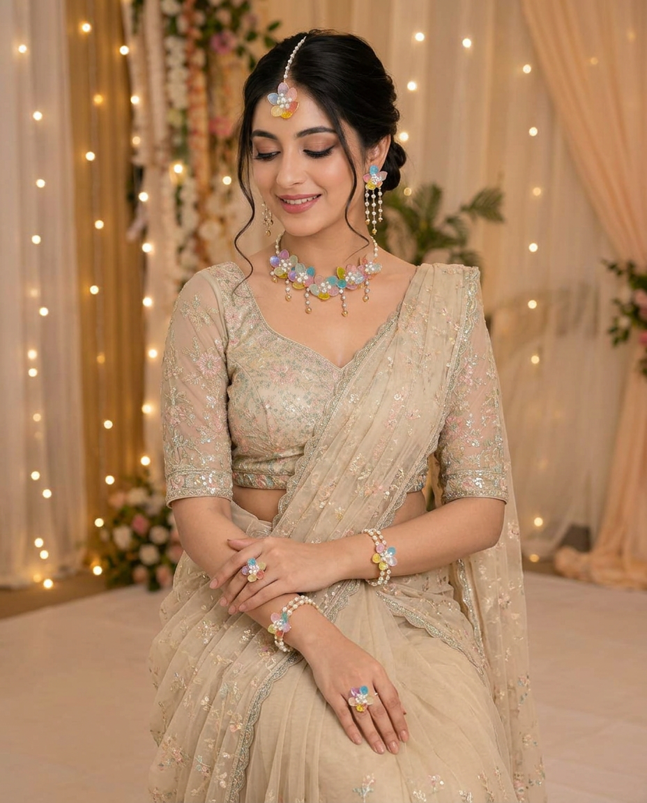 Multicolor Floral Pearl Jewellery Set for Women | Handmade Necklace, Earrings, Maang Tikka & Hathphool Set | Bridal, Haldi, Mehndi & Wedding Floral Jewellery